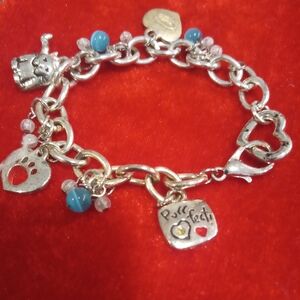 Cute Ladies Silver Cat Themed 8"- 9" Charm Bracelet with Beads